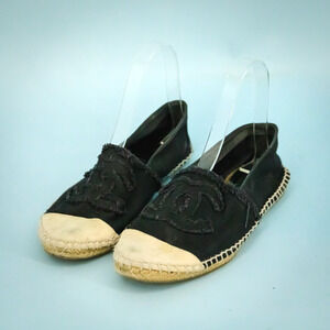 Chanel 39 Size 8.5 US Black Canvas CC Logo Espadrille Slip On Flats Shoes